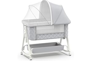 pudult Baby Bassinet,5 in 1 Bassinet Bedside Sleeper, 6-Level Height Adjustment,Safe and Stable Portable Crib,Breathable net, Storage Basket, Mosquito net, Baby Crib for Newborn(Grey)