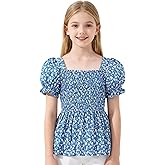 Seechoslo 2025 Tween Girls’ Cute Short Sleeve Square Neck Smocked Elastic Short Sleeve Woven Shirt Top