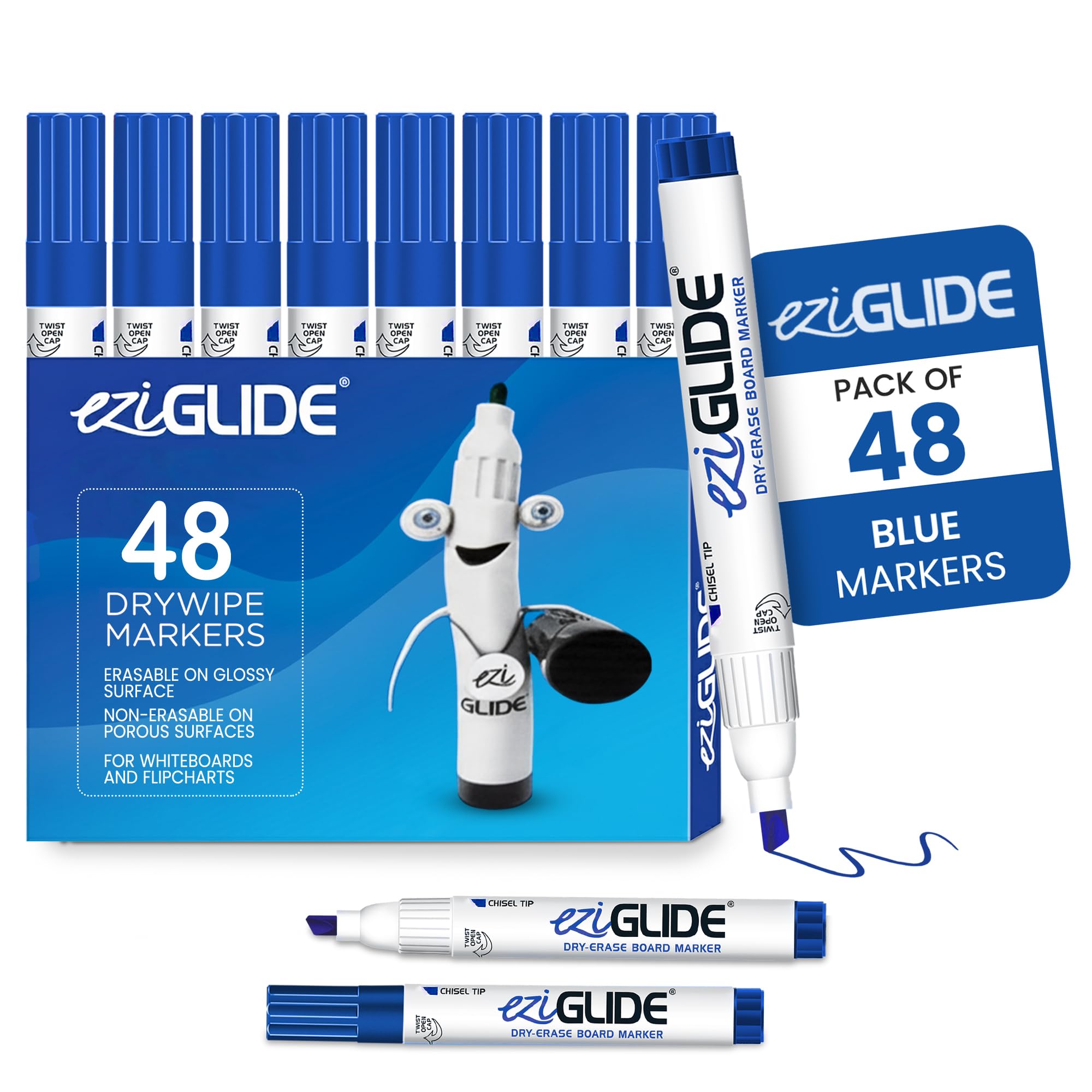 Eziglide Blue Chisel Tip Drywipe Whiteboard Pens, Bulk Pack of 48 Blue Markers, No Residue Ink, Hard-wearing Fibre Chisel Tip Dry Wipe Pen, Ideal for School, Home and Work