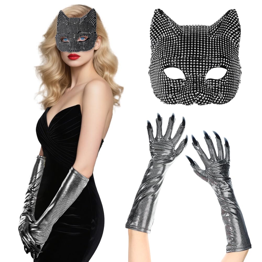 2Pcs Women Diamond Cat Fox Mask Gloves Set, Sparkly Rhinestone Masquerade Mask Cat Fox Gloves Ladies Cosplay Party Costume for Halloween Dance Nightclub Stage Performances Props Carnival Accessories