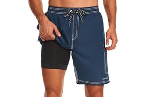 HODOSPORTS Mens Swim Trunks with Compression Liner 9 inch Bathing Suit Quick-Dry Swim Shorts Cargo Pockets S-4XL