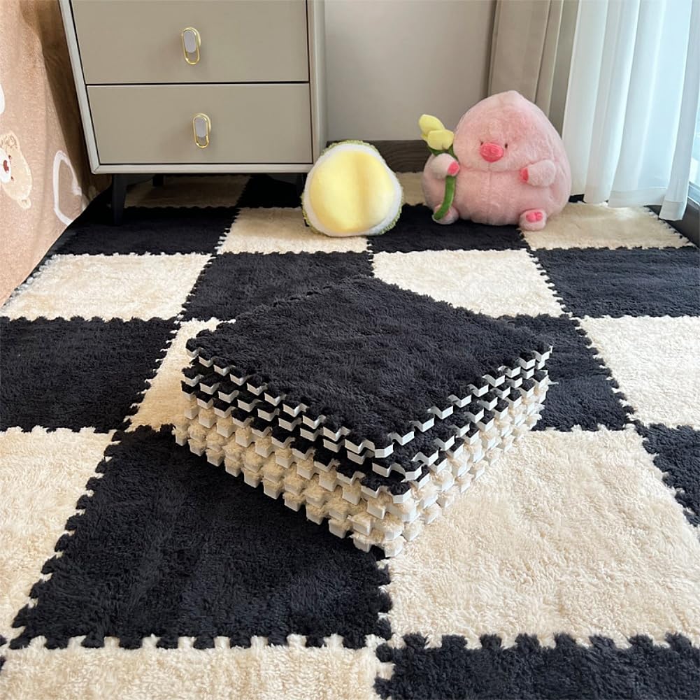 Photo 1 of 12pcs Carpet Squares Puzzle Floor Mat, Plush Interlocking Carpet Tiles, Anti Slip EVA Foam Jigsaw Floor Tiles, Build A Safe Area for Bedroom Playroom (Beige+Black)