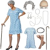 MY-LADY Old Lady Costume 10PCS Set Grandma Costume Granny Outfit Nightgown Wig 100 Days of School Halloween Cosplay