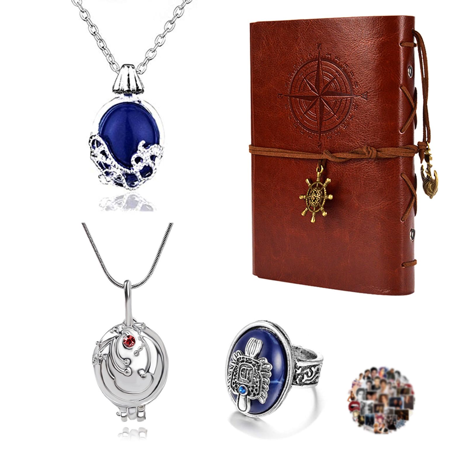 YouU 24 pcs The Vampire Diar.s Jewelry Set Vintage Leather Writing Journal Notebook Daywalking Katherine Sapphire Crystal Pendant Necklaces Damon's Ring Movie Stickers