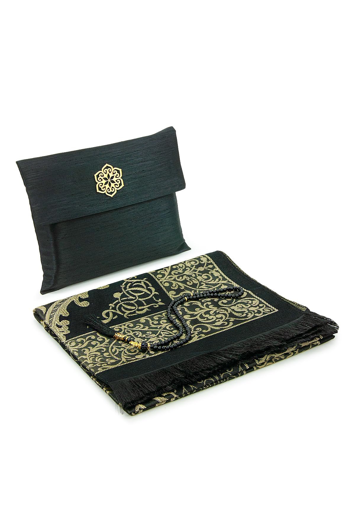 ihvan online Muslim Prayer Rug with 99 Beads Tasbih & Travel Bag, Soft Taffeta Sajadah, Lightweight & Foldable Janamaz, Portable Prayer Mat, Islamic Gift for Eid, Ramadan, Hajj & Umrah, Black