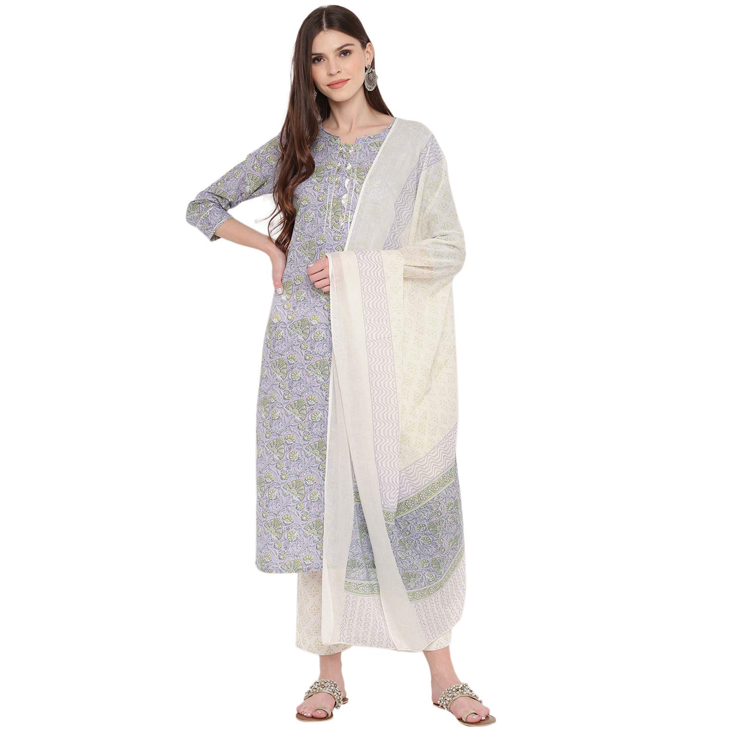 Vbuyz Women's Floral Print & sequience Work Anarkali Cotton Lavender Kurta Pant with Dupatta (VF-KU-764-SKD)