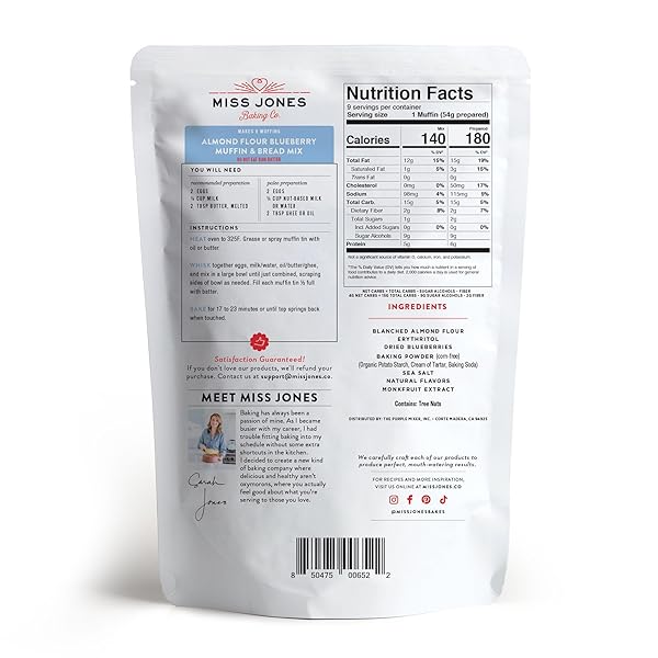 MISS JONES BAKING BLUEBERRY MUFFIN MIX – ALMOND FLOUR, GLUTEN FREE, LOW CARB, NO SUGAR ADDED, NATURALLY SWEETENED DESSERTS & TREATS – KETO, DIABETIC, ATKINS, WW AND PALEO FRIENDLY