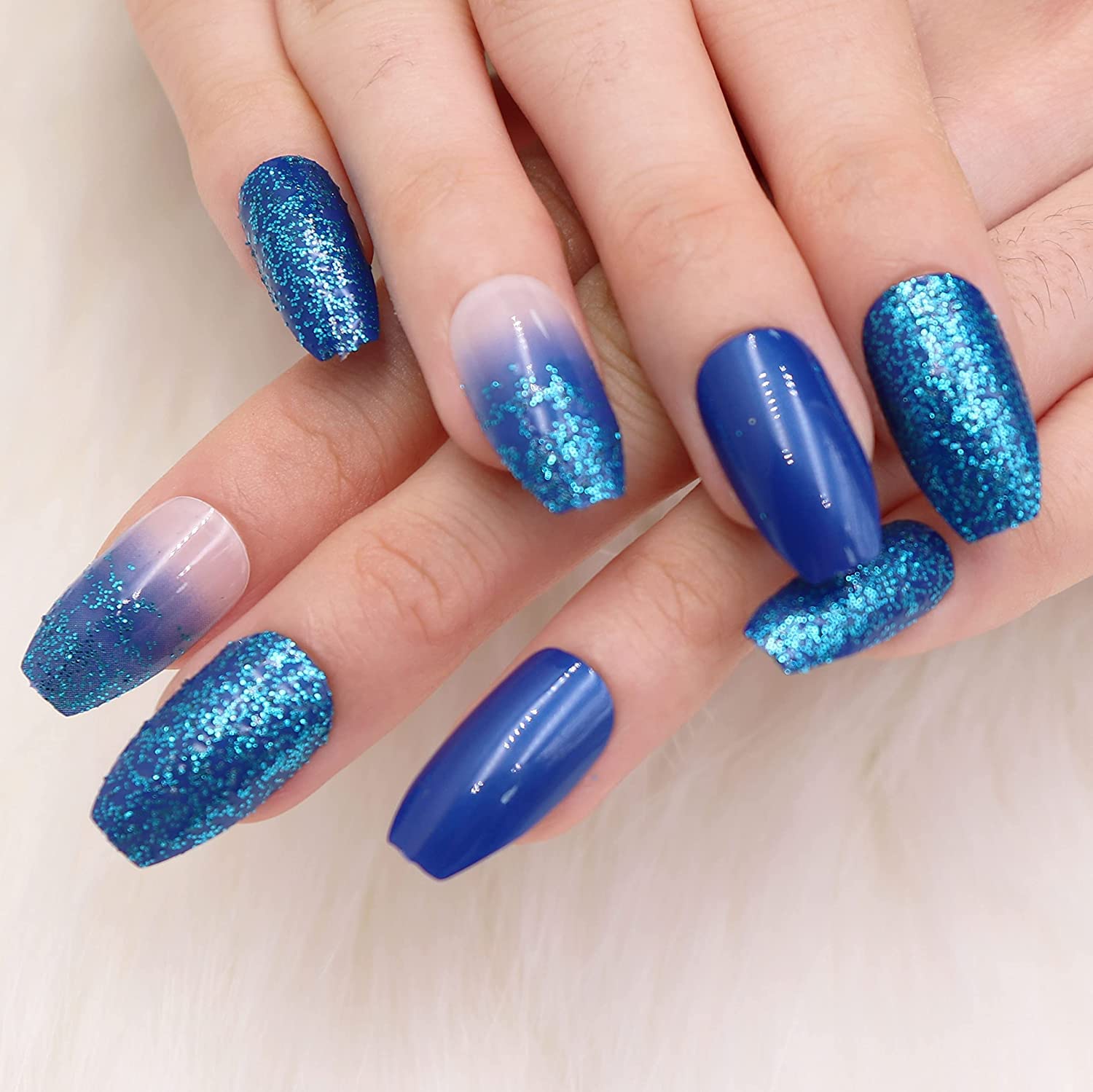 MISUD Medium Coffin Press-on Nails, Blue Ombre, Glossy Glue, Sparkly Acrylic, Bling Glitter Artificial, Ballerina False Nails with Design - 24 pcs - Image 4