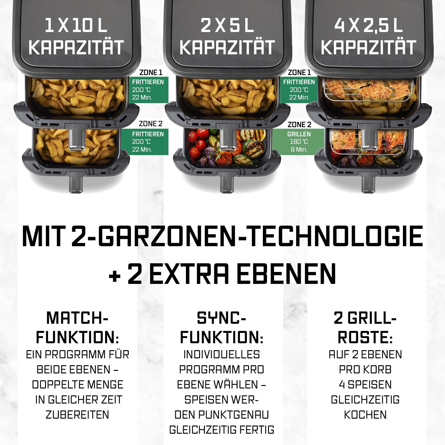 GOURMETmaxx FryUp Vertikale Doppelkammer Heißluftfritteuse | vertikaler Airfryer | klappbares Touchdisplay | 32% platzsparender | Fassungsvermögen 10L | Heißluftfritteuse 2 Kammern 4