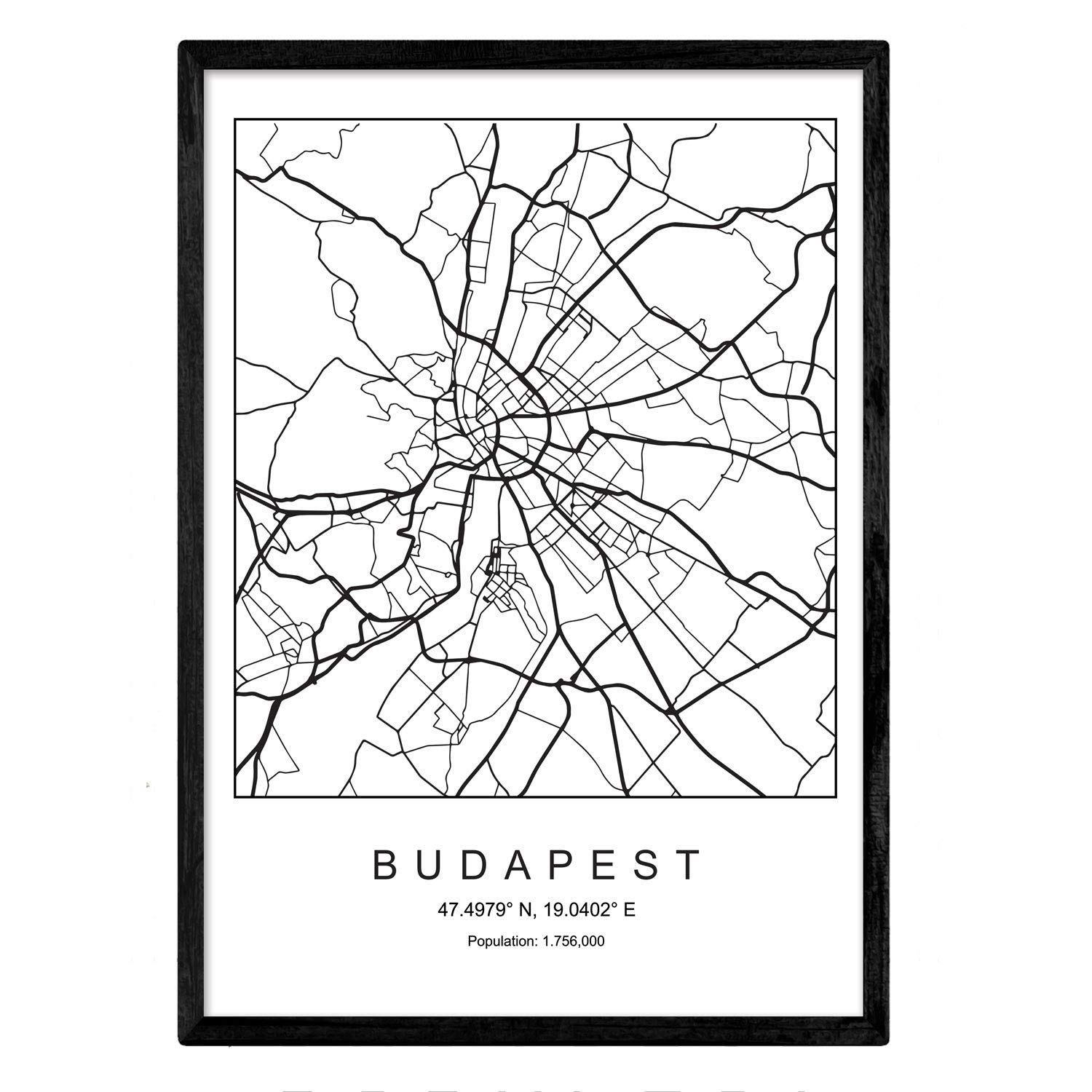 Print Budapest city map Nordic style black and white. Poster A4 Printed paper No 250 gr. Paintings, prints and posters for living room and bedroom