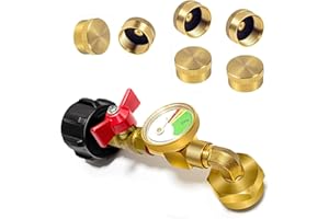 YOUHO Propane Refill Adapter for 1lb 90 Degree Propane Adapter 20lb to 1lb Converter with Gauge and Control Valve for Propane Tank, Heater, Grill Stove, 6 Caps Included, Solid Brass