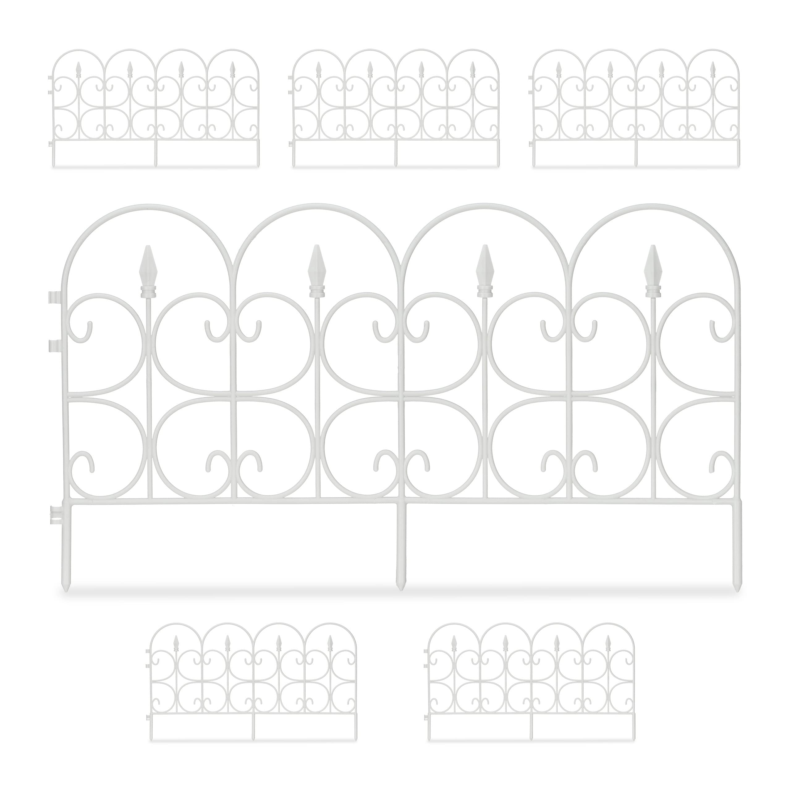 Relaxdays Weatherproof Plastic Flowerbed Fence, 30 cm Tall, Ornate Lawn Enclosure with Spikes, 6-Pc Set, 4m, White