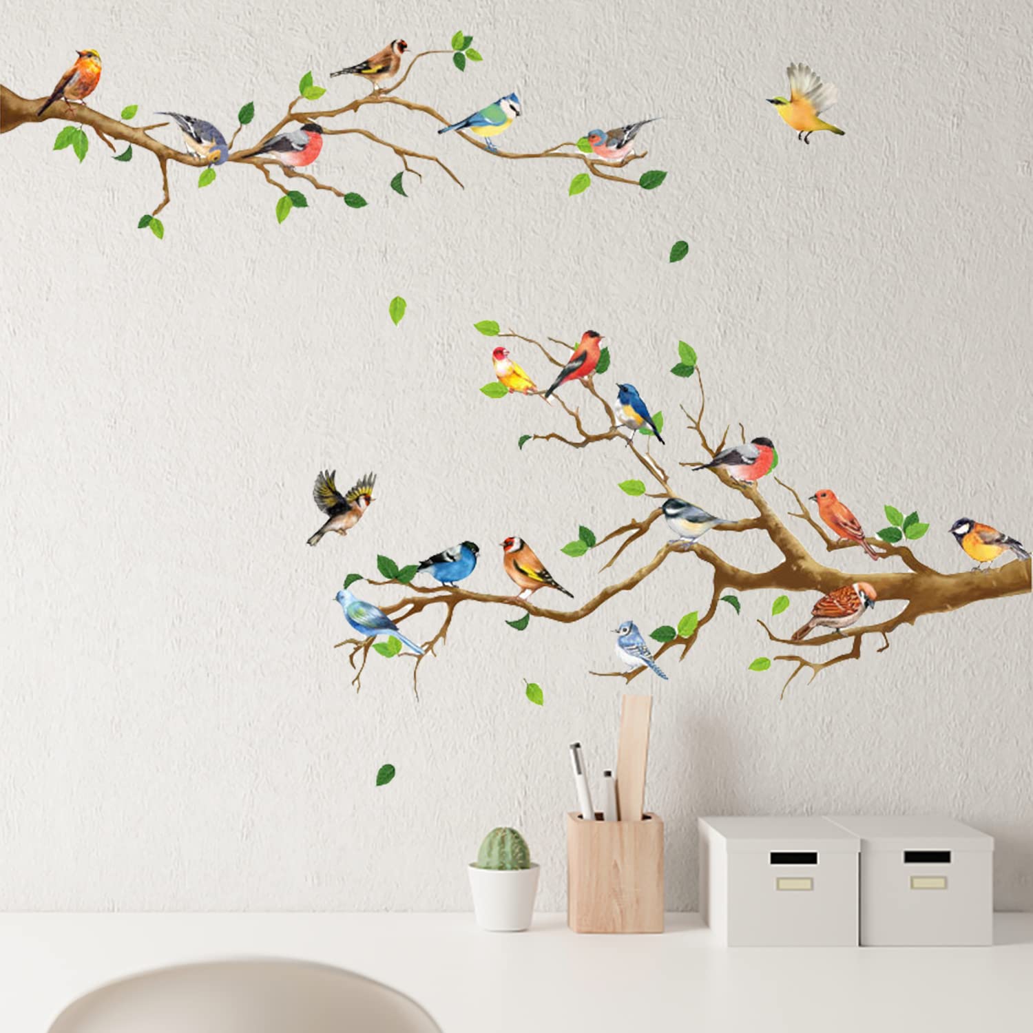 Demarsen 4 Pieces Tree Branch Wall Stickers,Birds on Tree Branch Wall Decals,Birds Trees Wall Sticker,Wall Art Stickers for Living Room Bedroom Hallway Home Decoration (shuzhixiaoniaoqiantie-A8)