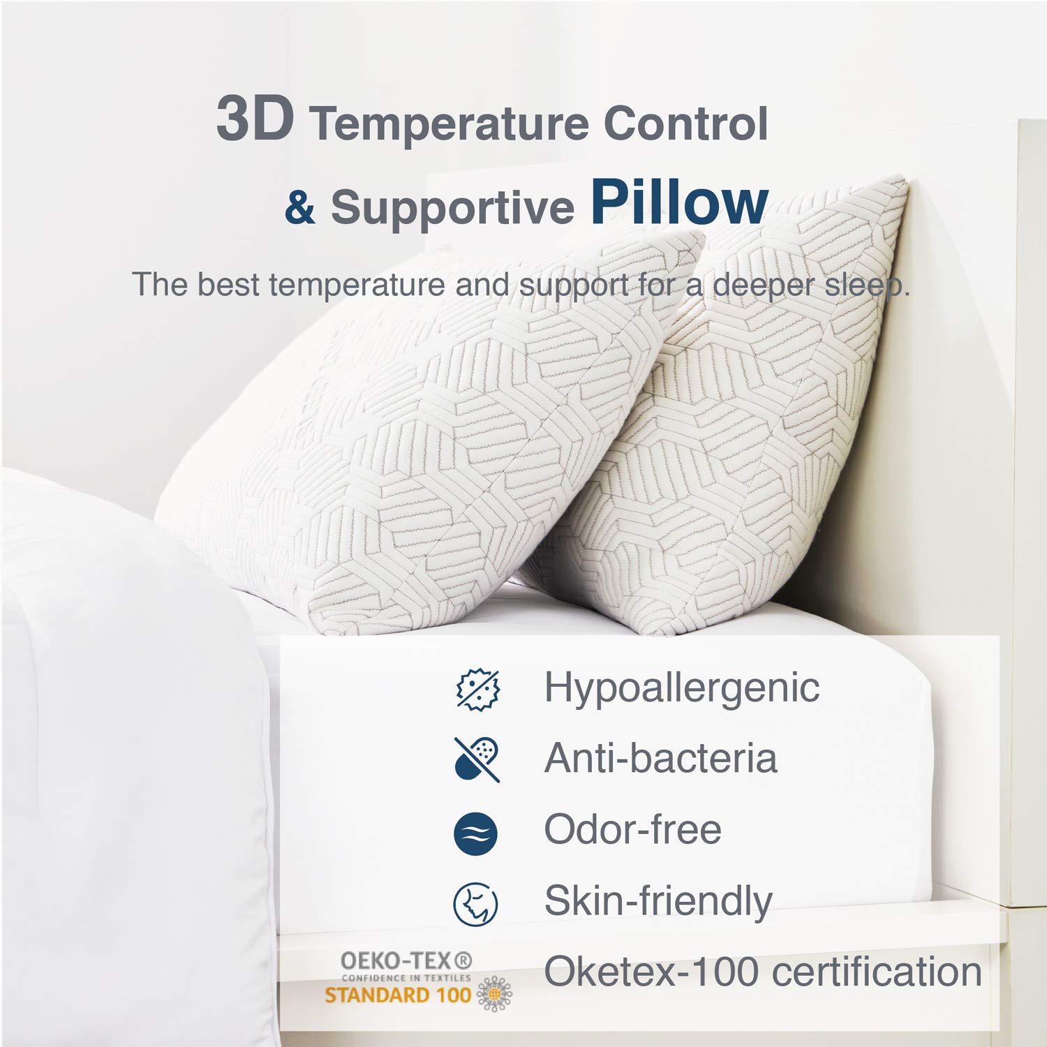 SLEEP ZONE Premium Bed Pillow Temperature Regulation Shredded Memory Foam Hypoallergenic Adjustable Loft Bamboo Cover with YKK Zipper, Queen