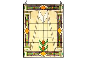 Bieye W10029 Mission Tiffany Style Stained Glass Window Panel Hangings with Chain, 18" W x 25" H