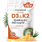 VEV Corefeel Vitamin D3 K2 10,000 IU, 200 mcg MK-7, 300 Coconut Oil Softgels, 2 in 1 Vitamins Supplement D & K (Include MK7), Easy to Swallow, Supports Calcium Absorption, Bone Health