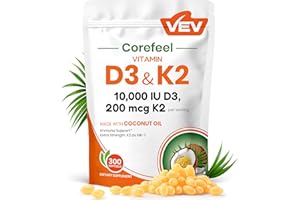 VEV Corefeel Vitamin D3 K2 10,000 IU, 200 mcg MK-7, 300 Coconut Oil Softgels, 2 in 1 Vitamins Supplement D & K (Include MK7), Easy to Swallow, Supports Calcium Absorption, Bone Health