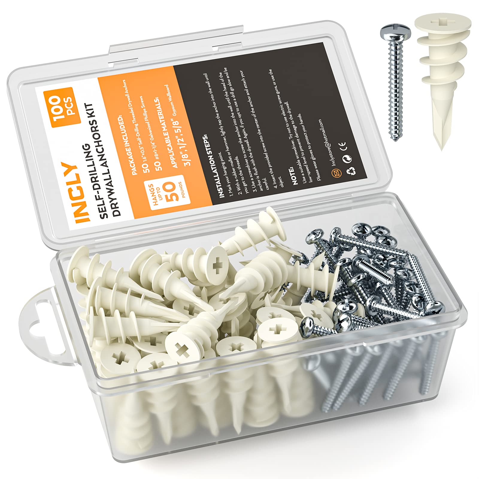 INCLY 100 PCS Plastic Drywall Anchors Assortment Kit,Self Drilling Plasterboard Wall Plug & Screws Set Heavy Duty for Hollow Drywall Hanging