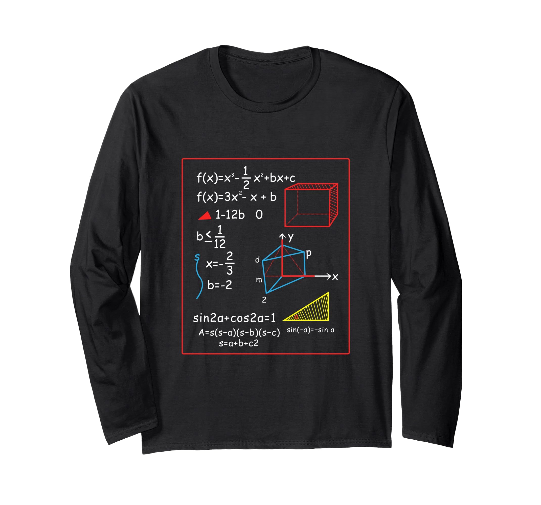 Math Cheat Sheet Math or Nerd Long Sleeve T-Shirt, Adult Unisex, Black, Large