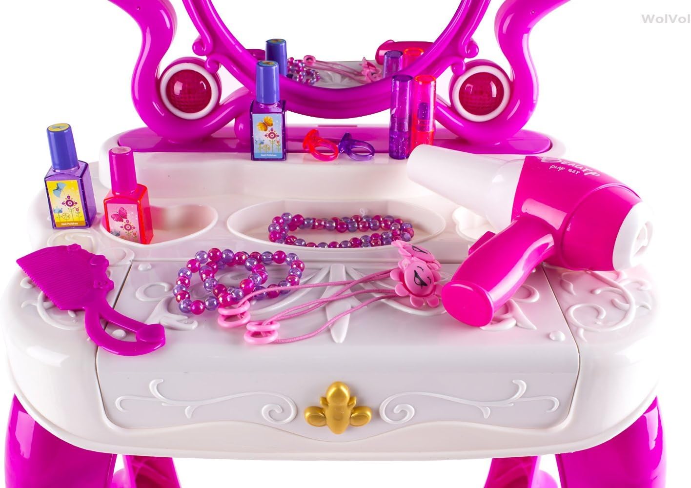 WolVolk 2-in-1 Vanity Set Girls Toy Makeup Accessories with Working Piano & Flashing Lights, Big Mirror, Cosmetics, Working Hair Dryer - Glowing Princess will Appear when Pressing the Mirror-Button: WolVol
