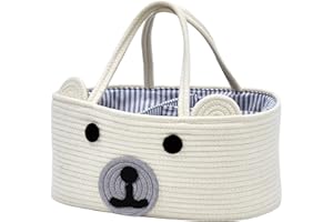InfiBay Baby Diaper Caddy Organizer, Baby Nursery Storage with Removable Dividers and Sturdy Handles, Cute Bear Basket,White Cotton Rope Baby Basket, Portable Diaper Storage Basket