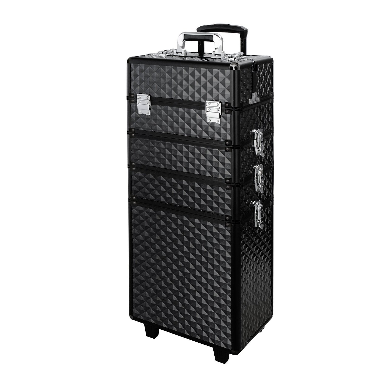 Qivange Makeup Train Case,4 in 1 Professional Rolling Makeup Trolley Case Aluminum Artists Jewelry Cosmetic Storage Case/w 2 Wheels(Diamond Black)