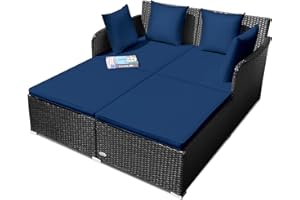 Salches, Outdoor Rattan Daybed, Patio Loveseat Sofa Set w/Comfortable Cushions, Extra Pillows & Metal Foot, Sunbed Wicker Furniture for Yard/Poolside/Living Room/Garden/Porch, Navy
