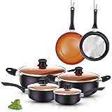 FRUITEAM 10pcs Cookware Set Ceramic Nonstick Soup Pot, Milk Pot and Frying Pans Set, Copper Aluminum Pan with Lid, Induction 