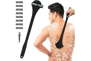 ETbyto Back& Body Shavers for Men: The DIY Back Hair Shavers for Men with Long Bendable Ergonomic Silicone Handle,8 of The Wet or Dry Disposable Razor Blades,Bath Brush Included-Black