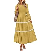 ZESICA Women's Spring Long Sleeve Maxi Dresses 2026 Casual Crewneck Smocked A Line Tiered Flowy Wedding Guest Long Dress