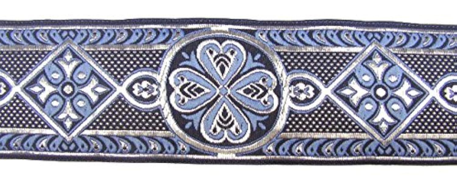 1A-Kurzwaren 50004-blsi Medieval Border Woven Ribbon 50 mm Wide Blue Silver 10 m