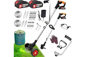 KINFIDTOW Electric Weed Wacker Eater Battery Powered 21V/2Ah, Cordless Weed Trimmer Battery Operated with 5 Types Blade&Wheels, No-String Trimmer/Grass Trimmer/Lawn Edger/Brush Cutter/Mini-Mower for Garden Yard
