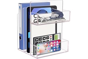 LUKETURE Acrylic Office Organizer, Clear Folder Holder, Acrylic File Organizer for Desk, Transparent Desk Storage Bins Holding for Magazines, Binders, Notebooks, Envelopes, Pens