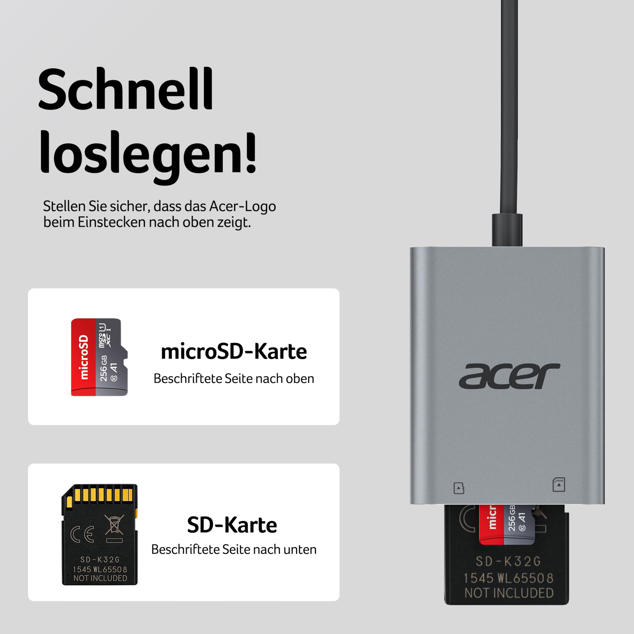 acer USB 3.0 Kartenleser 170MB/s, USB-A SD Micro SD Card Reader Aluminium 8