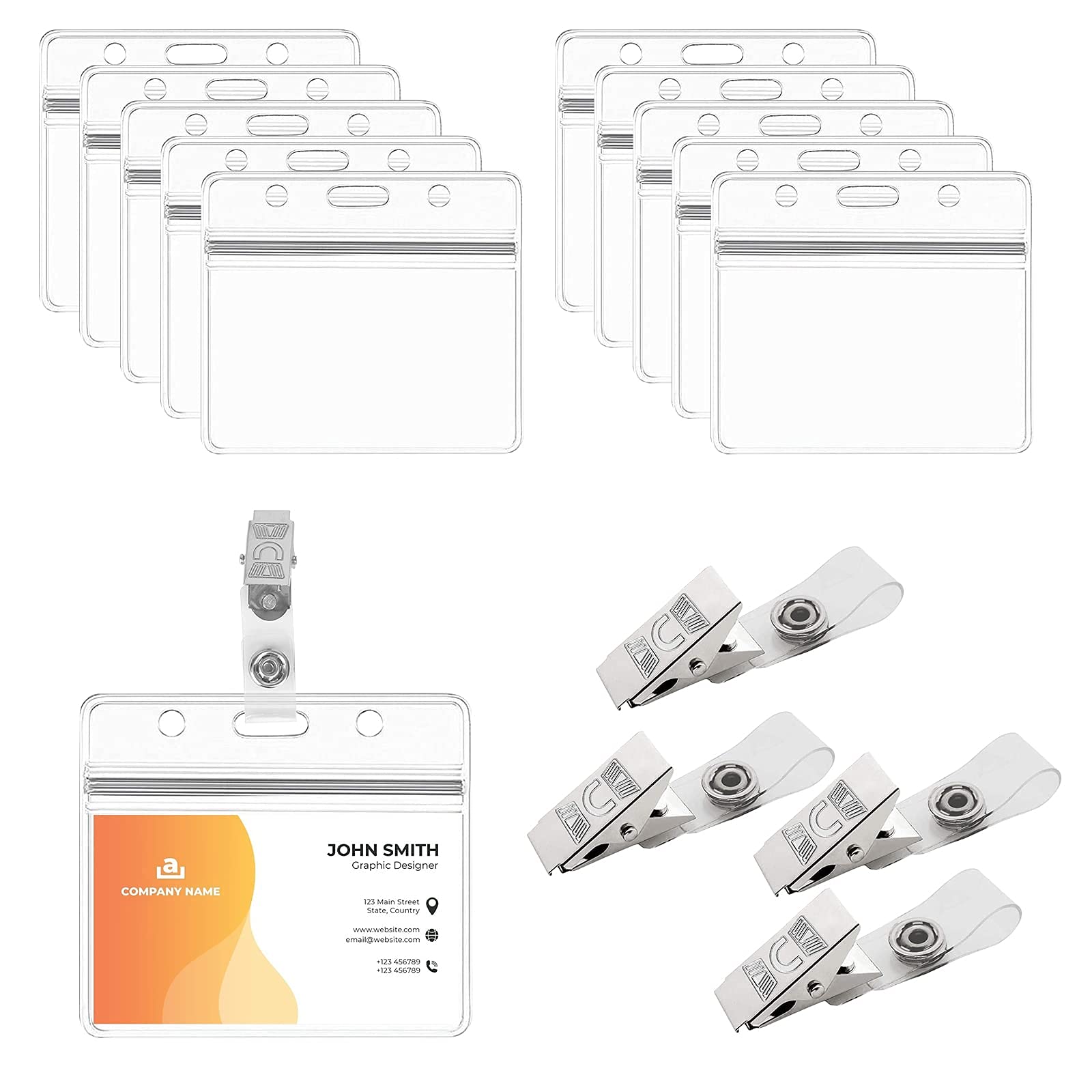 Bamzok Pack of 50 ID Badge Holder with Clip, Name Badge Holder for Clothes, Clip Card Covers, Transparent ID Badge Holder, Name Badge Holder with 50 Clips, Waterproof PVC ID Card Badge Holder for ID Card