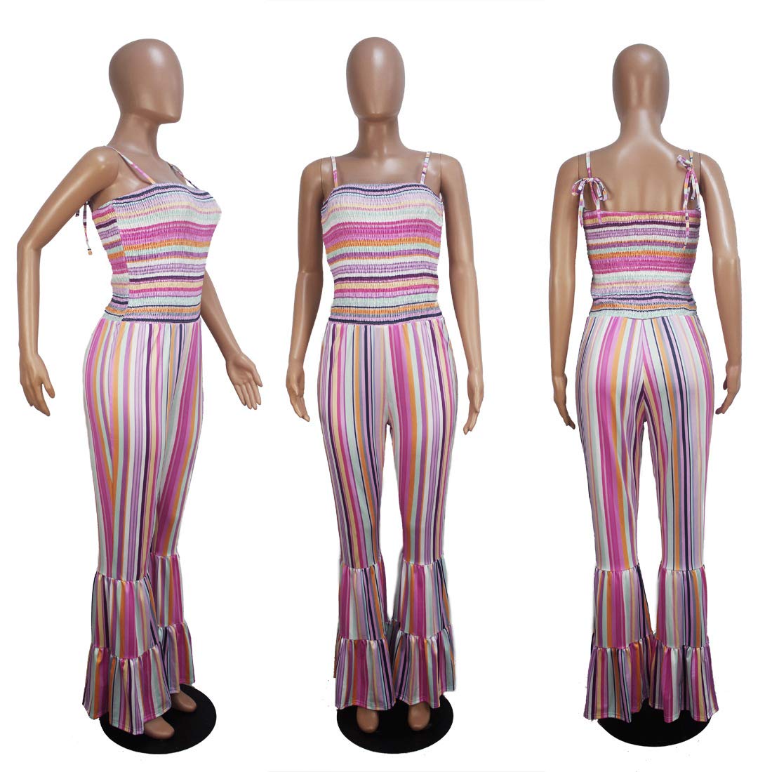 ECHOINE Women Bell Bottom Playsuit Jumpsuit, Spaghetti Strap Cold Shoulder Empire Waist Flare Pants Rompers Jumpsuits 2XL Pink