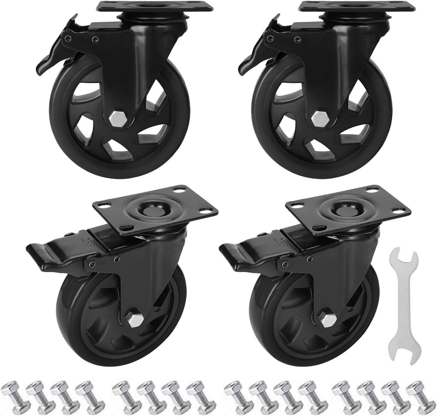 PRITEK 5 inch Caster Wheels Bearing 1500lbs 4 Pack Heavy Duty Rubber Plate Casters all with Safety Brake No Noise Lockable Swivel Casters (include 16pcs screws): Automotive