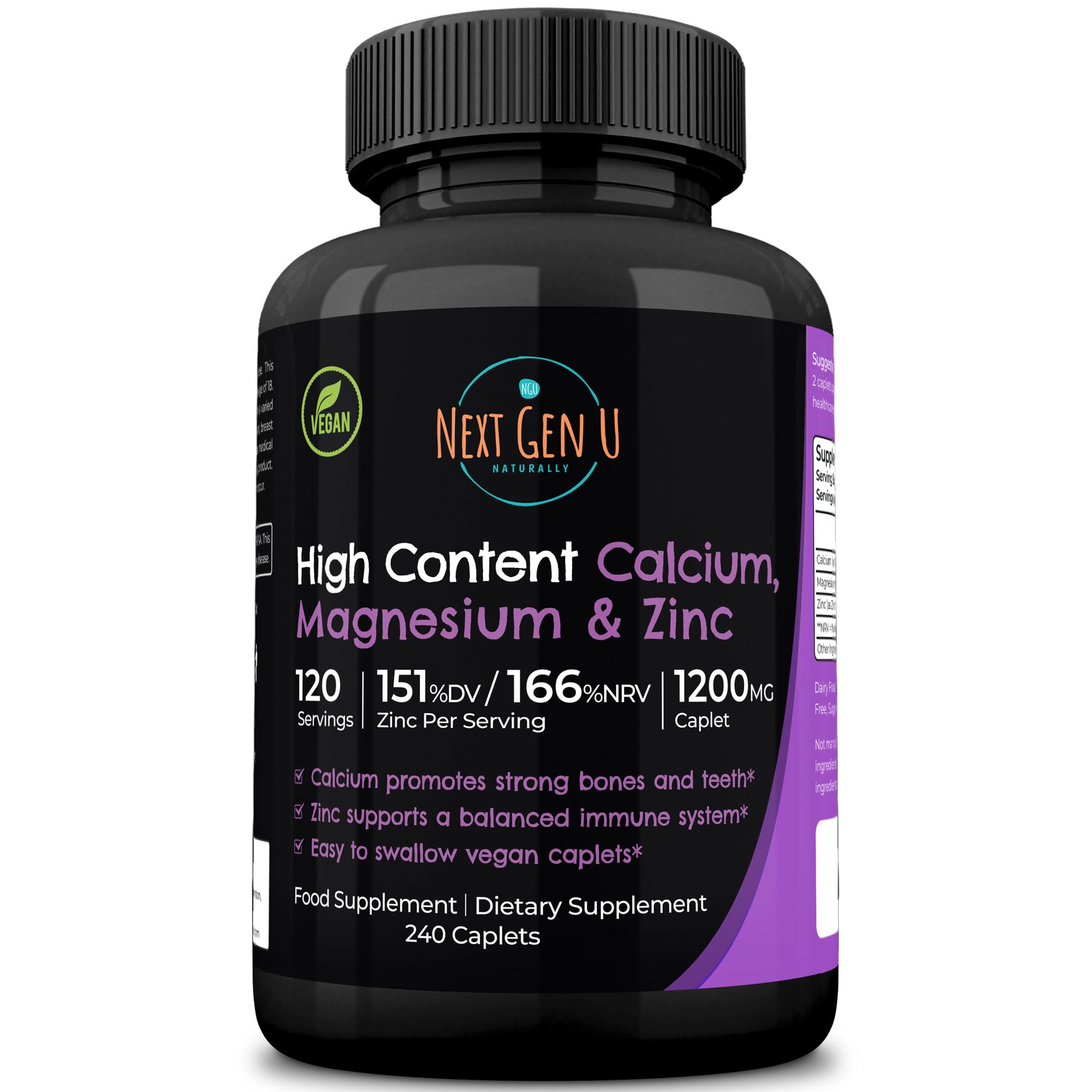 Calcium Magnesium Zinc - Essential Mineral Supplement - 240 Vegan Caplets - for Immune Support and Bone Strength - for Adults Women and Men - by NextGenU