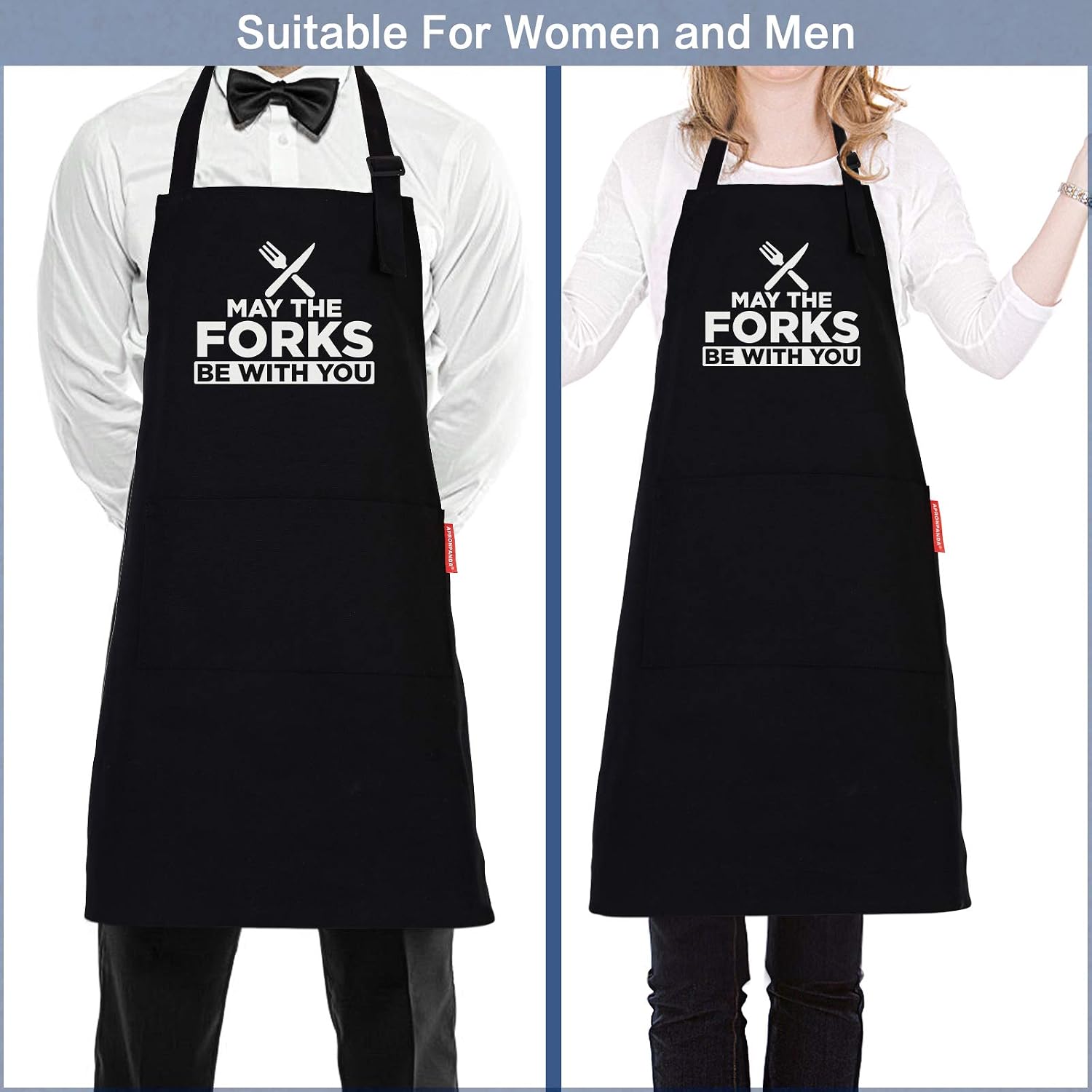 Mens BBQ Grilling Kitchen Aprons-May The Forks Be with You, Novelty Funny Cooking Apron for Movie Fans Black Chef Apron - Image 5