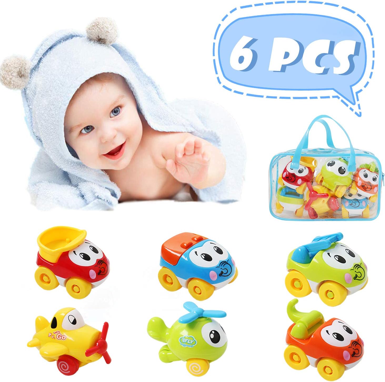 OKPOW Toy Cars for Kids, Pull Back Cars Push and GO Cars Toys for Toddlers 1 2 3 4 Year Baby (6PCS Green & Yellow)