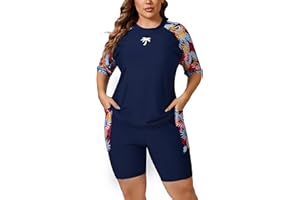 Halcurt Women's Plus Built in Bra Rash Guard Two Piece Swim Shirt and Pockets Boyleg Shorts