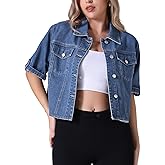 CIMUK Womens Spring Cropped Jean Jacket Collared Button Up Short Sleeve Denim Jackets