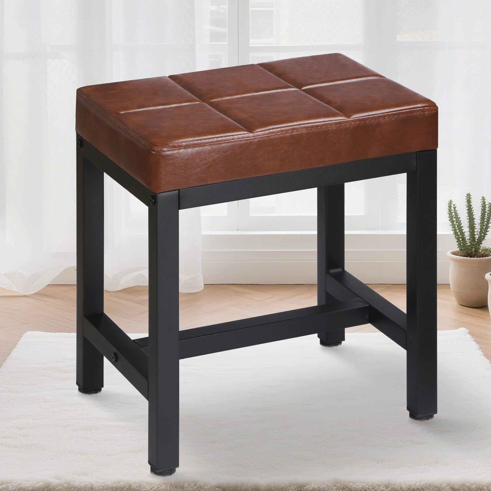 Photo 1 of FLYZC Vanity Stool, Vanity Chair for Makeup Room, Square Faux Leather Small Ottoman Foot Stool with Metal Legs, Modern Makeup Chair for Bedroom, Living Room, Brown