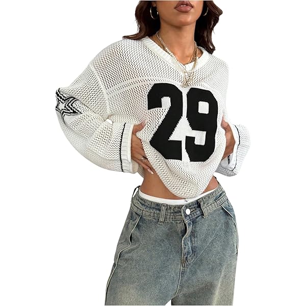 SOLY HUX Women's Y2k Oversized Sweater Number Graphic V Neck Drop