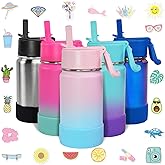 CHILLOUT LIFE 12 oz Kids Insulated Water Bottle for School with Straw Lid Leakproof and Cute Waterproof Stickers, Personalized Stainless Steel Thermos Flask Metal Water Bottle for Girls & Boys