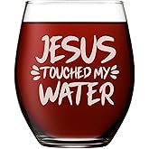 Kropsis Jesus Touched My Water Wine Glass – Funny Christian Gift, Faith Humor Stemless Wine Glass for Women & Men, Religious Novelty Gift for Birthday, Easter, Church Friends