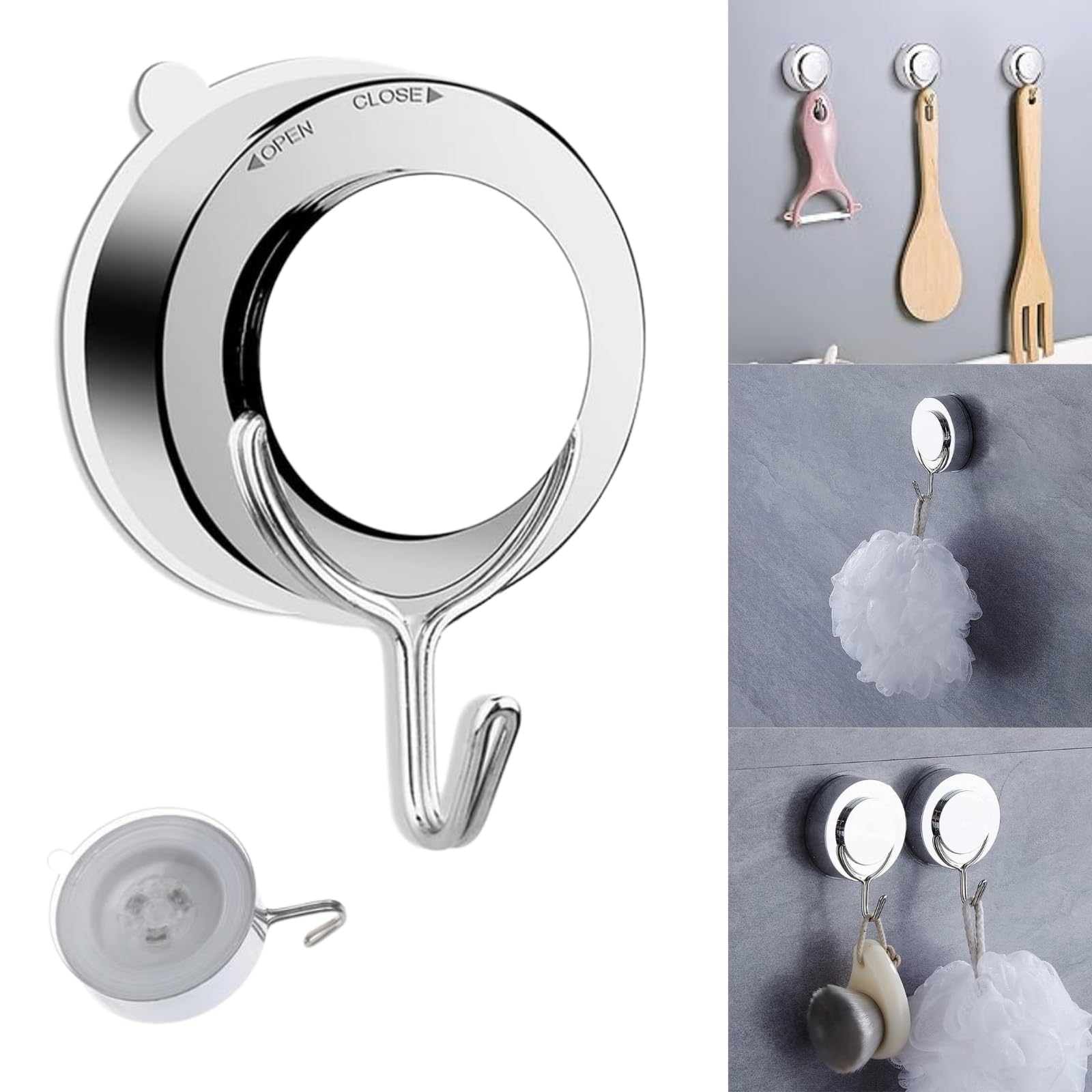 Boxonly Suction Cup Hooks - Chrome Twist Suction Hangers with Metal Hooks, Heavy Duty, Removable & Reusable for Kitchen, Bathroom, Shower, Glass & Wreaths - 1 Pc