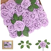 WANTMAZOR Artificial Flowers 50PCS Light Purple Roses Real Looking Foam Fake Roses with Leaves and for DIY Wedding Bouquets Bridal Shower Centerpieces Party Decorations (Lilac)