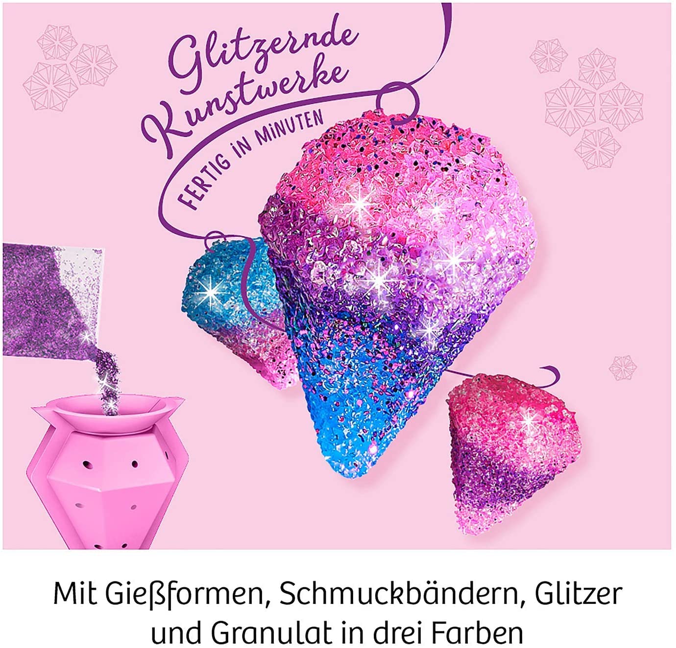 KOSMOS 657758 Glitzer-Diamanten, Funkelnde Schmuck-Anhänger erstellen und gestalten, mit Gießformen, Schmuckbändern, Glitzer, Granulat in 3 Farben, Experimentierset für Kinder von 8-12 Jahren 3