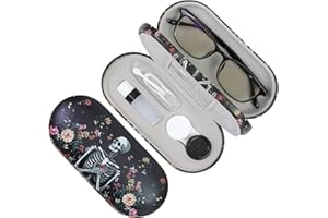 FlyingMage 2 in 1 Contact Lens Case and Eyeglasses Case for Women Men Kids, Double Sided Hard Shell Portable Glasses Travel Holder with Built-in Mirror, Contact Lens Box Storage Kit (Black Skull)